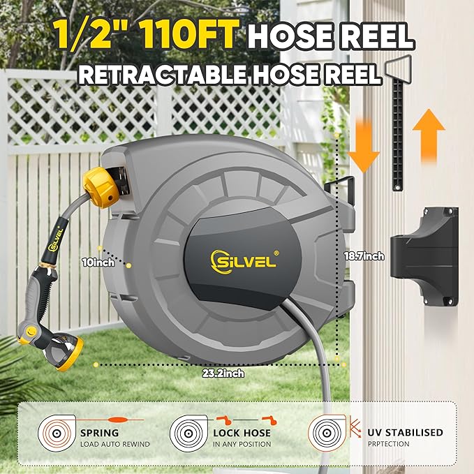 SILVEL 1/2 in x 110 FT Retractable Garden Hose Reel, UV Resistant Heavy Duty Automatic Hose Reel Wall Mount with 10 Pattern Nozzle, Any Length Lock & Slow Return System, 180°Swivel Bracket, Yellow