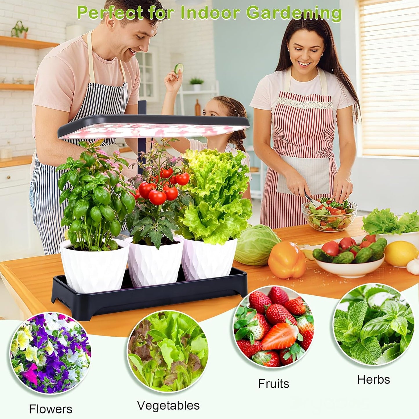 Indoor Garden Led Grow Light, Herb Kitchen Garden Grow Kit, Full Spectrum LED Plant Light for Plants, Height Adjustable Growing Lamp with Intelligent Controller (Not Pots) (Black, 16.5*6.5*4 inch)