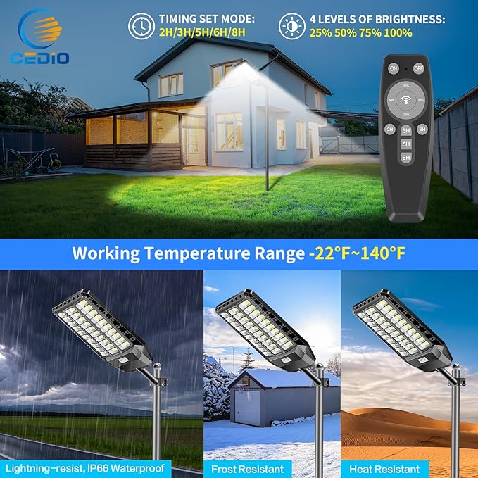 CEDIO Outdoor Solar Street Lights, Solar Lights IP66 Waterproof LED Street Light Dusk to Dawn, Flood Light with Motion Sensor for Yard (8500W-2PACK)