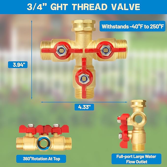 Full Flow 3 Way Hose Splitter, Solid Brass Garden Hose Splitter Valve with Metal Handle, Heavy Duty High Flow Spigot Splitter with Shut off Valve, 3/4 Inch Garden Tap Splitter