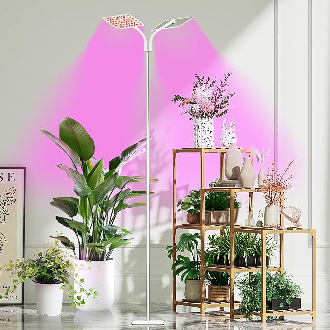 KINGPLUS Grow Lights with Base, Double Head, Full Spectrum LED Grow Light for Indoor Plants, 240 Leds, 4 Dimmable Levels, Timer 4/8/12h, 12-60inches Height Adjustable, 36w, Ideal for Desk Small Plants