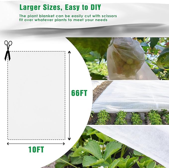 10 FT x 66 FT Plant Covers for Frost & Sun Protection, Thick 1.2 oz/yd² Frost Cloths Blankets to Extreme Low -4 °F Temperatures, Reusable Floating Row Covers for Outdoor Garden Vegetables Seedlings