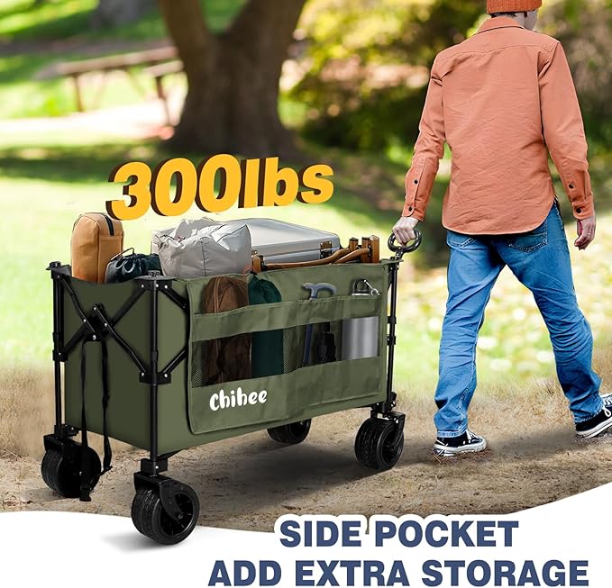 Chihee Garden Cart Collapsible Outdoor Utility Wagon Cart,Folding Beach Cart Oversized Capacity 254L,Heavy Duty Portable Wagon All Terrain Wheels Oversized Side Pocket 2 Drink Holders for Camping