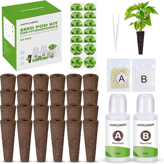 Ahopegarden 52PCS Hydroponics Pods Kit: Compatible with Aerogarden, Includes 24 Grow Sponges, 24 Pods Labels, 4 A&B Plant Food - Hydroponics Supplies for Most Brands