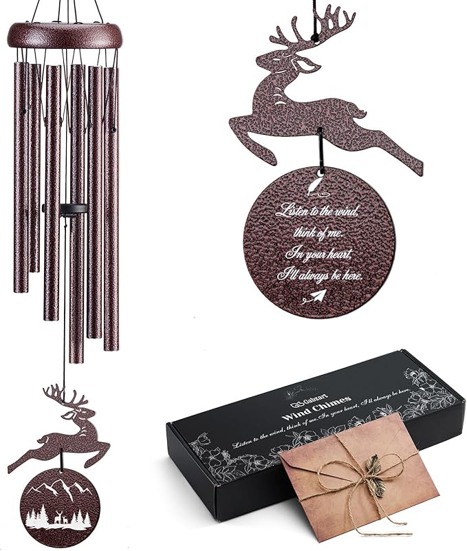 Wind Chimes for Outside, 32" Memorial Wind Chimes for Loss of Loved One Mother Father, Memorial Sympathy Gift Outdoor Garden Patio Decor, Deer Xmas Decorations(Brown)