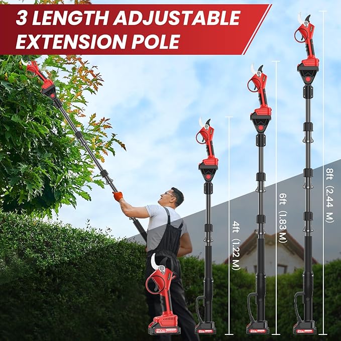 Electric Pruning Shears with Pole, 2-in-1 Cordless Pruning Shears 1.6" with SK7 Blade,8FT Reach,800W Brushless Motor,2 x 21V 2000 mAh Batteries,6โ10Hs,Tree Branch Cutter for Gardening Pruning