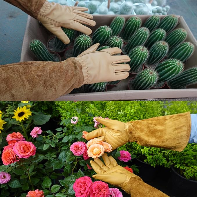 Long Gardening Gloves for Women/Men-Thorn Proof Rose Pruning Gloves,Water Repellent Leather work Gauntlet