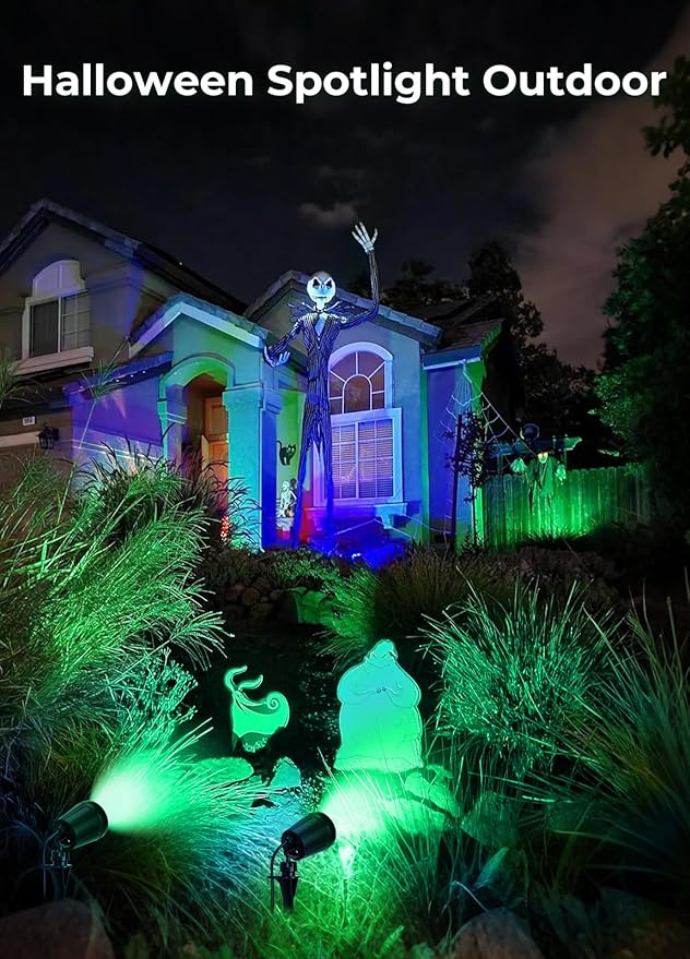 Halloween Spotlights Outdoor, 120V Plug-in Christmas Spot Light, 5000K LED Landscape Lighting with 5 Color Lenses (Red Green Blue Purple Yellow), IP67 Waterproof, 2 Pack