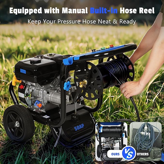 Gas Pressure Washer 3600PSI 2.3 GPM 212CC High Pressure Washers, 30FT Hose with Reel, Built-in Soap Tank, 5 Quick-Connect Nozzles, Axial Pump, Heavy Duty Gas Power Washer for Cars Driveways