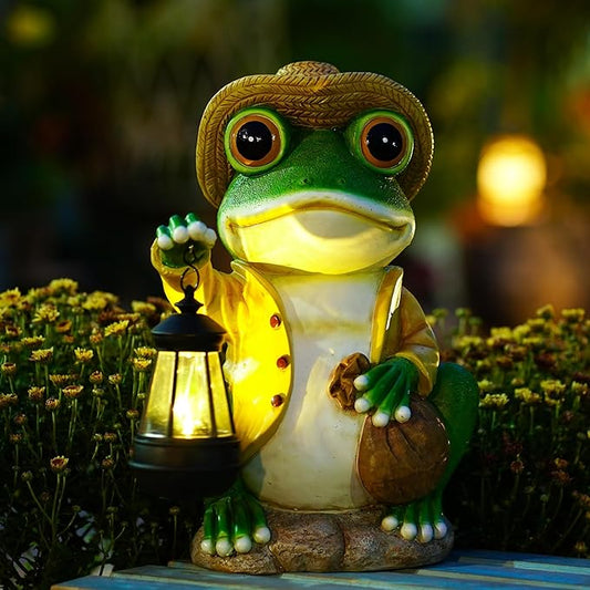 Large Frog Garden Statue, 13.3 Inches Tall, Resin Frog Decor with Solar Lantern for Outdoor Decoration and Housewarming