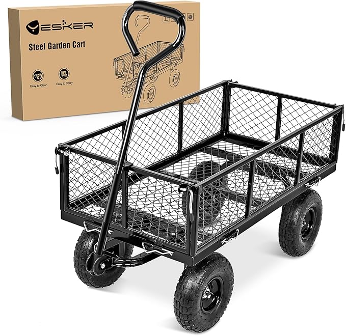 Yesker Steel Garden Carts - 800lbs Dump Wagon with All Terrain Inflatable Wheels for Yard Lawn Farms Gardening - Heavy Duty Utility Outdoor Hauling Wheelbarrow