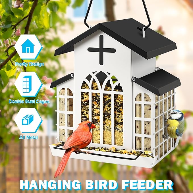 5LB Church Metal Hanging Bird Feeder for Outdoors, Weatherproof Suet Feeders for Outside Hanging, Large Bird Feeders Great for Attracting Finch, Woodpecker and More Wild Birds-Blue