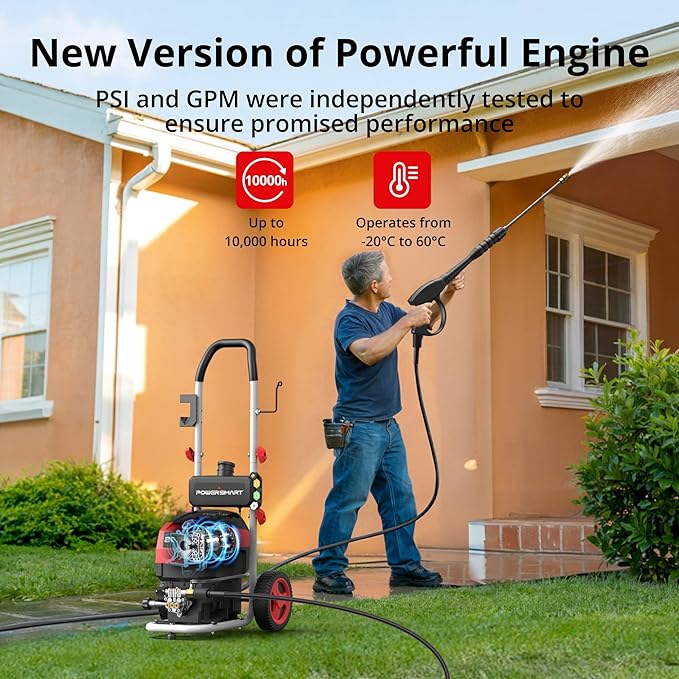 Electric Pressure Washer, 2800 PSI Max, 2.0 GPM, 8" Wheels, 5 Spray Tips and 1.5L Foam Tank, for Patio, Car, Driveway, Fence & Home Cleaning