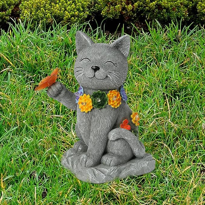 Outdoor Solar Cat Garden Statue - with LED Flowers and Butterfly Yard Art, Suitable for Lawn Decoration, Porch,Yard Decorations Outdoor, Birthday Gift for Mother, Grandmother, or Women