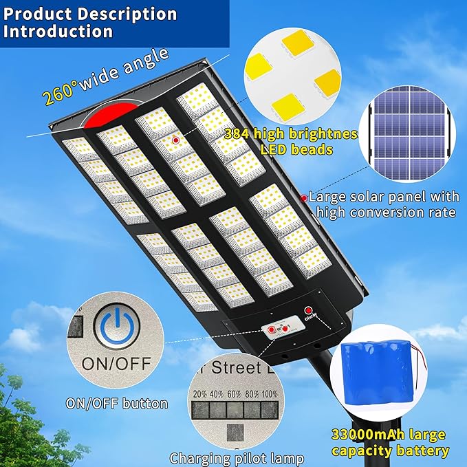 Ofuray Of-6200W Solar Street Lights Outdoor, 620000LM Solar Security Flood Light Parking Lot Lights Dusk to Dawn, 6500k Waterproof Led with Remote Control Motion for Street,Court,Barn