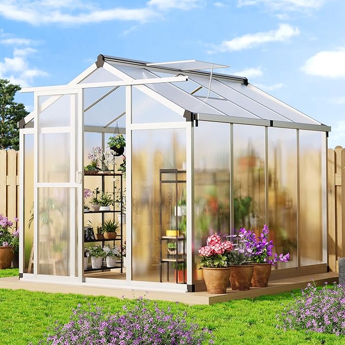 6x8 FT Polycarbonate Greenhouse with Roof Vent - Large Aluminum Walk-in Greenhouse Kit for Gardening, Backyard, Patio, Lawn - Easy Assembly