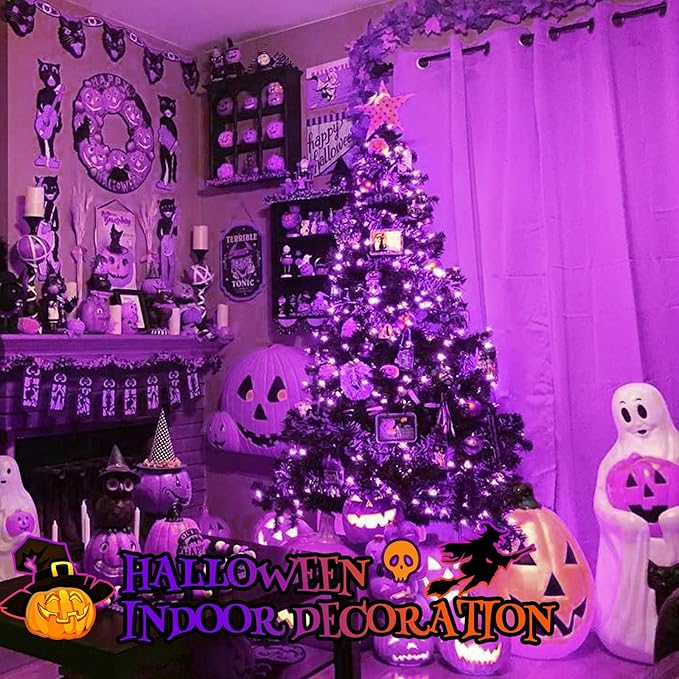 Upgraded Connectable 200 LED Halloween String Lights Outdoor Indoor, 66FT Purple Halloween Decorations Lights 13 Modes, Waterproof Twinkle Fairy Lights Plug in Clear Wire for Tree, Bedroom Decoration