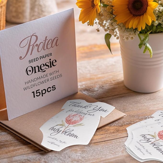 Onesie Seed Paper – 15 Protea Baby Shower Favors for Guests with Wildflower Seeds, Writable & Plantable, Baby Shower Gifts for Guest
