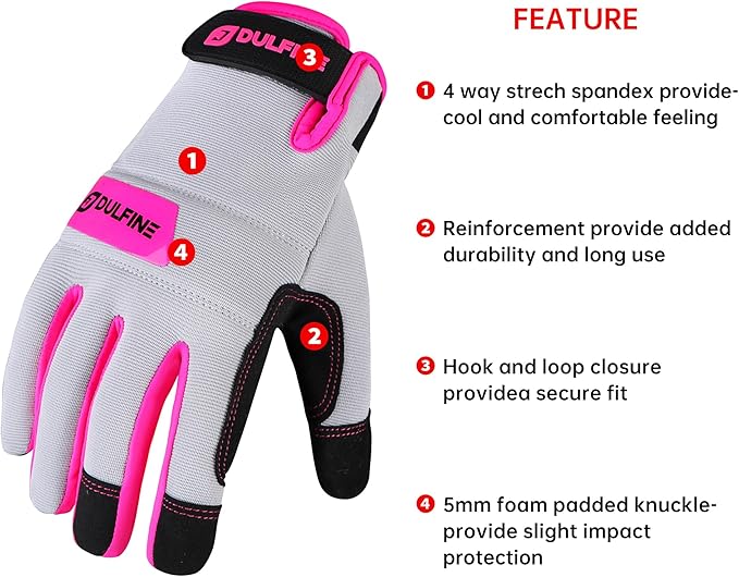 DULFINE Work Gloves for Women,Flexible Breathable Fit-Padded Knuckles & Palm,Touch Screen,Ideal for Gardening Yardwork Warehouse
