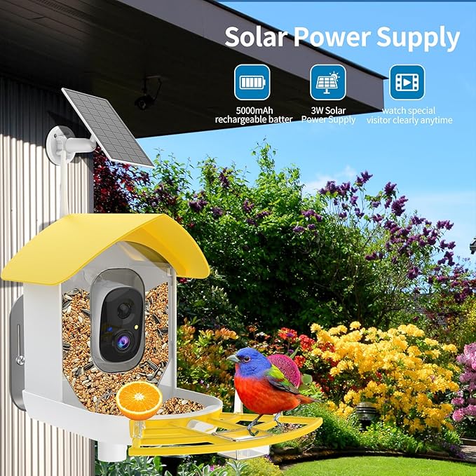 Smart Bird Feeder with Camera, AI Identify Birds Breed, Solar-Powered WiFi FHD 2K Live Camera, Auto Capture Backyard Garden Bird Watching, Motion Detection, Cloud and SD Card Storage,Yellow