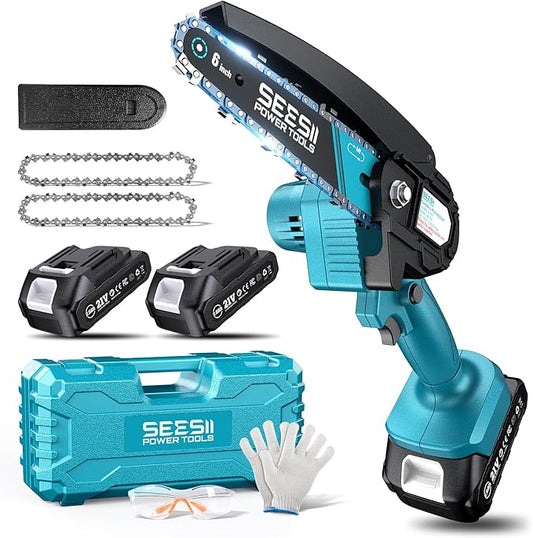 Seesii Mini Chainsaw, 6-inch Mini Chainsaw Cordless, Handheld Electric Power Chain Saw with 2 Batteries, for Tree Trimming Wood Cutting, Best Gifts for Father, Dad, Husband, Men