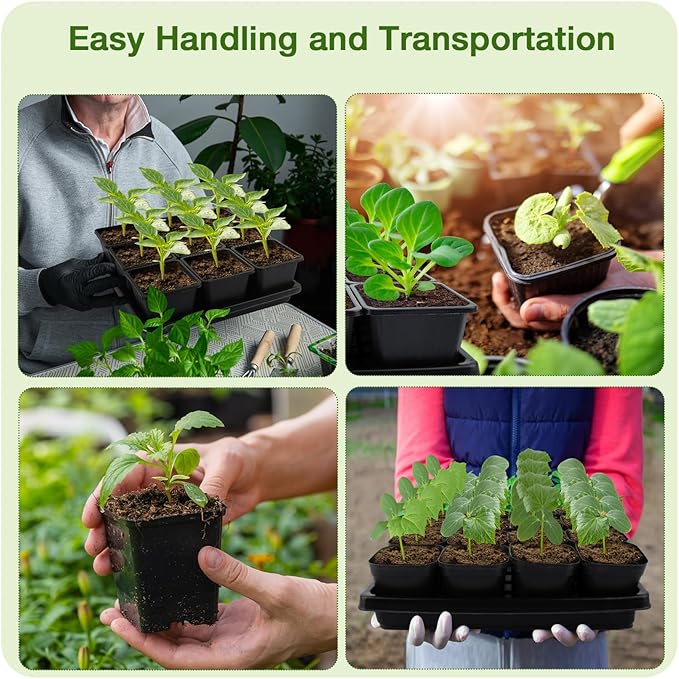 50Pcs 3.5inch Square Nursery Pots with 5Pcs Seed Starting Trays, Seed Starter Tray Kit, Seeds Starting Germination, Seeding Pots with Drain Holes, Small Plant Nursery Propagation