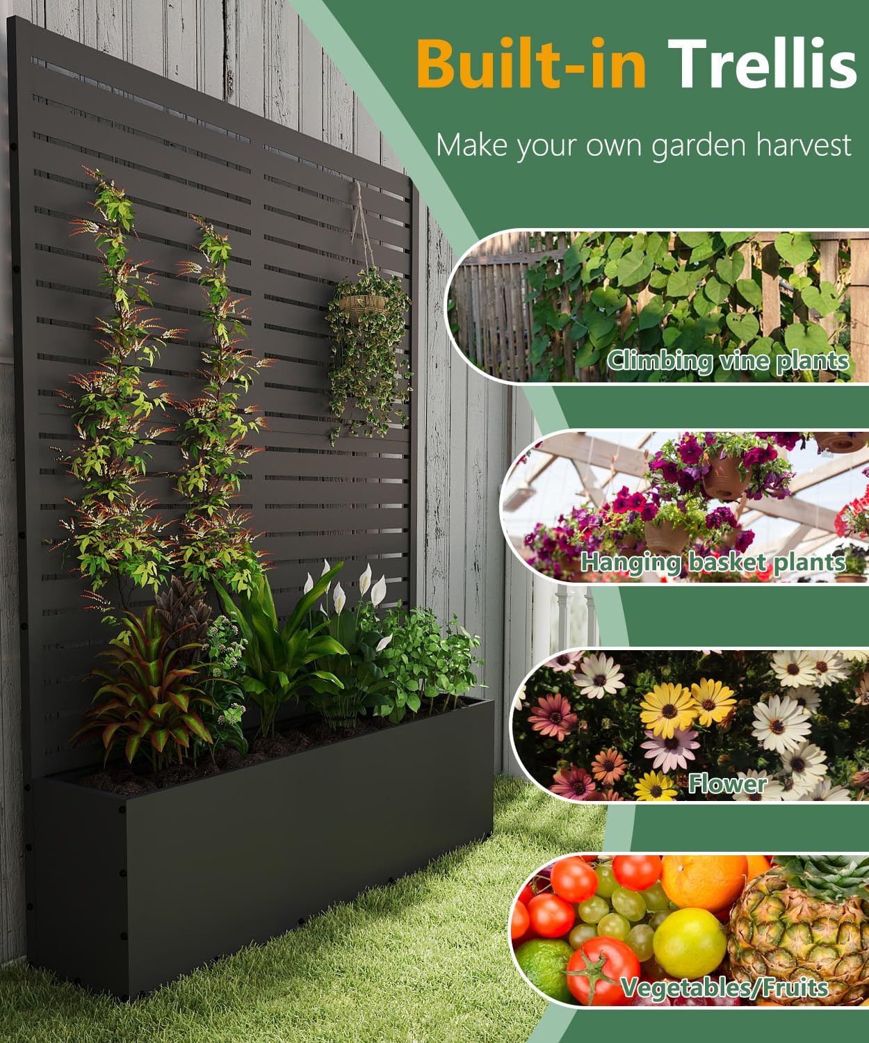 Metal Planter Box with Trellis,70.9"x47.2"x15.7" Raised Garden Bed with Drainage Holes, Privacy Planters for Outdoor Garden Bed for Climbing Plants,Vegetables,and Vines, Black-louvered