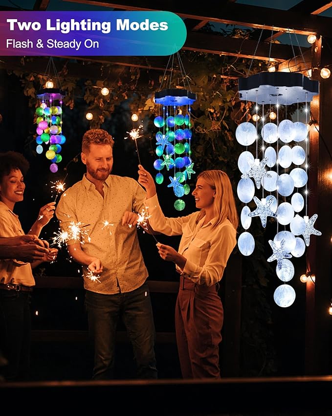 Toodour Solar Wind Chimes for Outside, Shells Light Gifts for Mom Grandma Women Wife Girls, Waterproof Solar Outdoor Decorative Mobile Light for Holiday Garden Porch Yard Window Outdoor Decor (White)