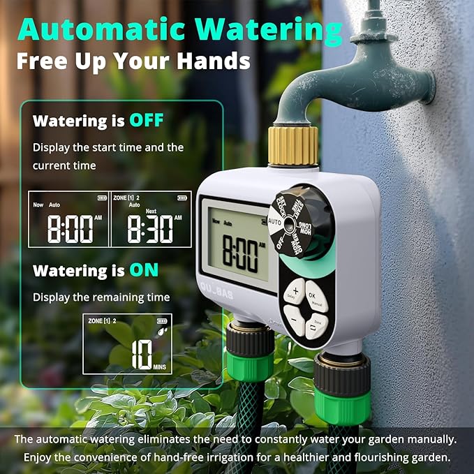 QUOBAS 2 Zone Sprinkler Timer with Brass Inlet & Outlet, Programmable Water Timer for Garden Hose with Rain Delay/Manual Watering/Automatic Irrigation Controller System for Yard, Lawn