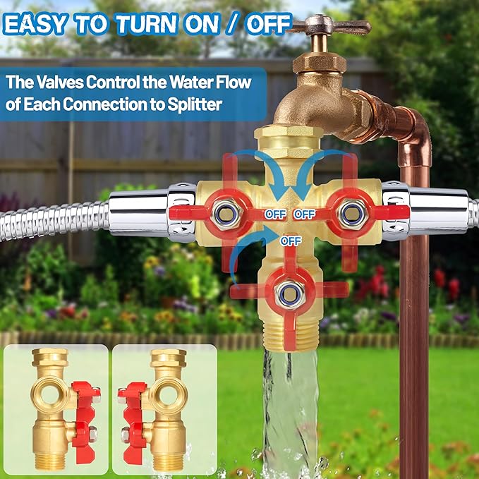 Full Flow 3 Way Hose Splitter, Solid Brass Garden Hose Splitter Valve with Metal Handle, Heavy Duty High Flow Spigot Splitter with Shut off Valve, 3/4 Inch Garden Tap Splitter