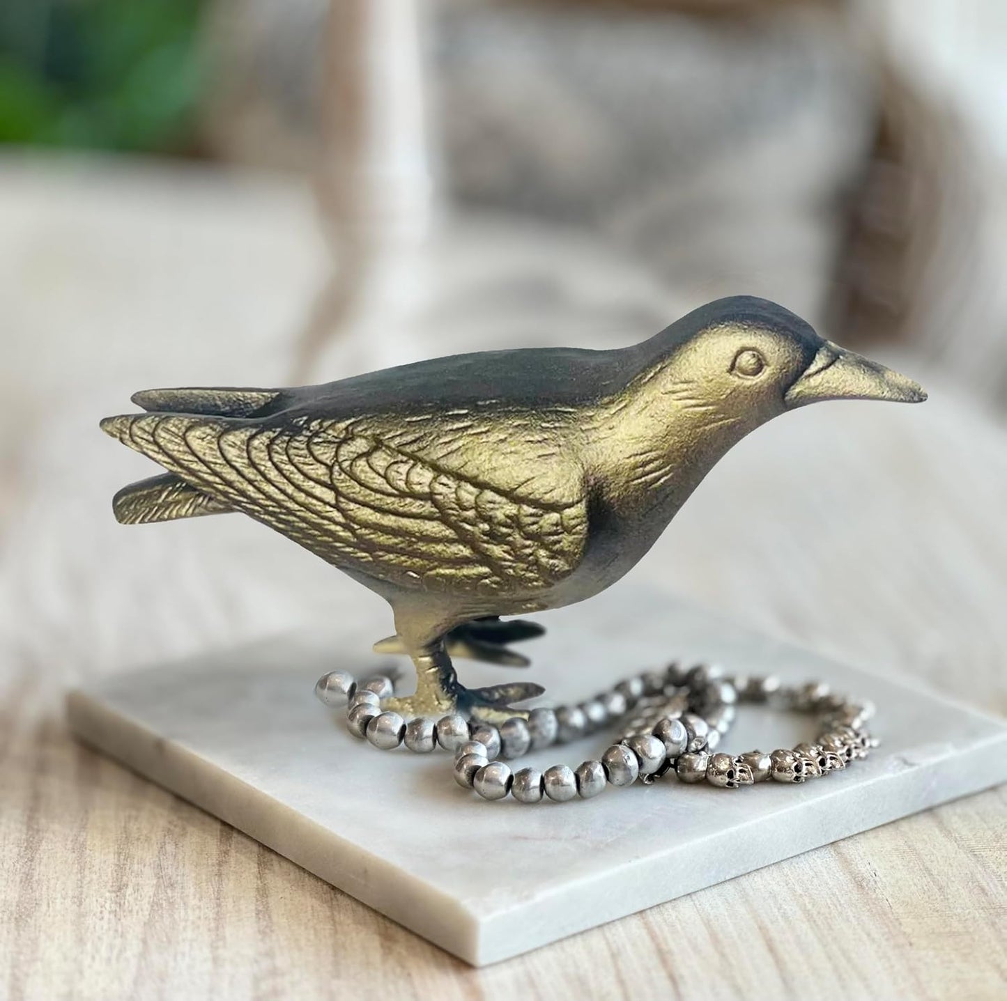 NACH Crow Decor, 4.5 x 11 x 3.5 inch, Cast Iron Antique Gold Raven Statue, Raven Decor for Outside - Head Up Crow Statue