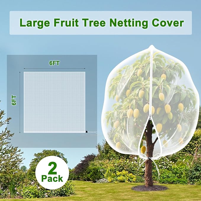 2-Pack 6 x 6ft Garden Netting with Zipper & Drawstring, Reusable Fine Mesh Cover for Plants, Fruit Trees, Vegetable Protection from Birds, Squirrels, Deer