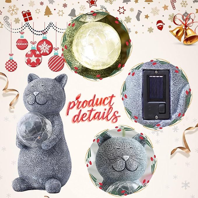 Solar Cat Statue Garden Decor - Cat Lover Gifts, with Gazing Solar LED Lights Ball Cats Decoration for Garden Yard Patio Lawn Balcony - Gifts for Mom Grandma (Gray)