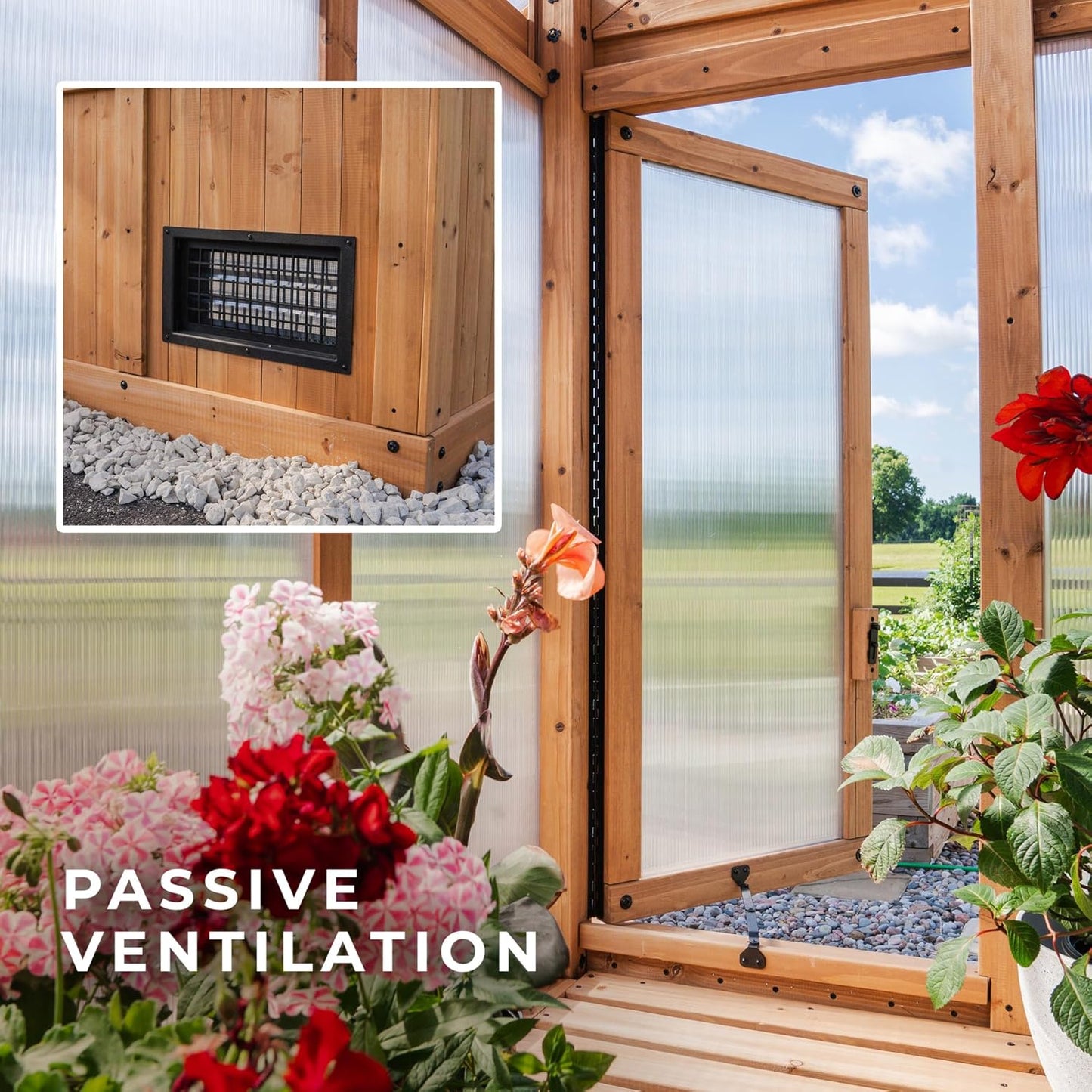 Backyard Discovery Bellerose XL 13' x 11' Cedar Wood and Polycarbonate Walk-in Greenhouse Kit with Pergola, Exhaust Fan, Windows, Hose Hook-Ups, PowerPort, Staging Shelves for Outdoor Gardening