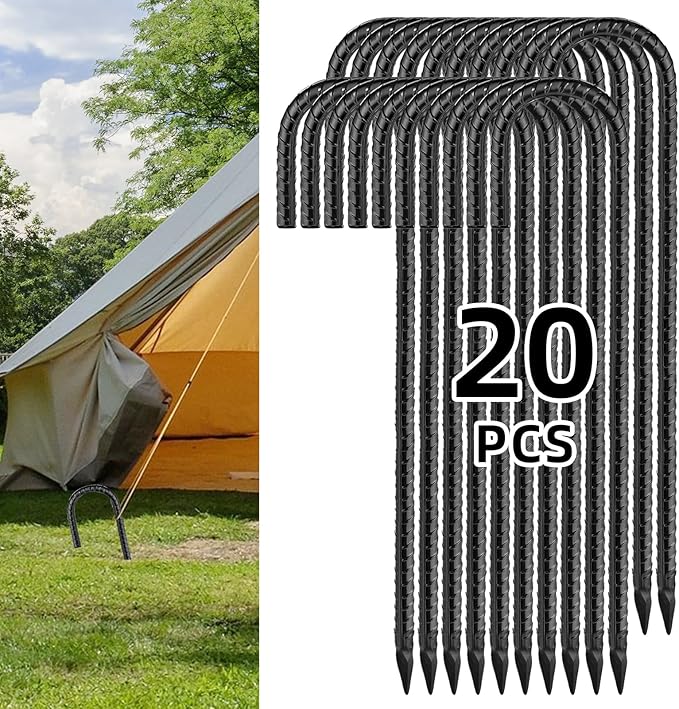 Black Rebar Stakes 16inx10mm Galvanized J Hook 20pcs – Heavy Duty Ground Tent Stakes for Fence,Bounce House,Outdoor Plants,Artificial Turf,Dog Coop,Metal Stakes for Christmas Decorations