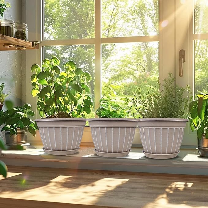 FGstyle 4 Pack Flower Pots,8 Inch Plants Pot,Planters Pot with Drainage Hole & Saucer,Modern Planters for Indoor Outdoor Plants,Decorative Resin Garden Pots for Outdoor Indoor Home Plants (Beige)