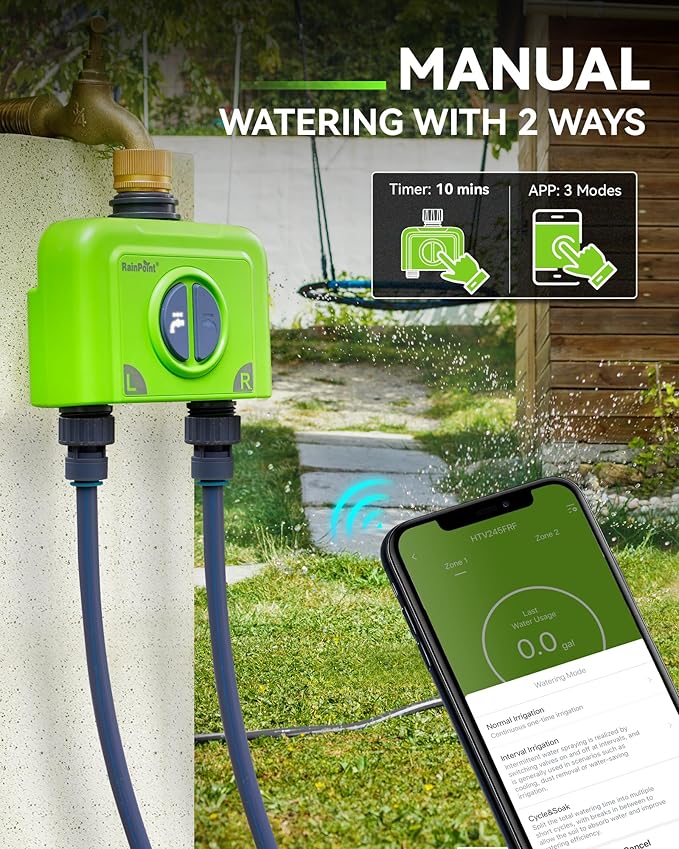RAINPOINT WiFi Water Timer for Garden Hose, Brass Inlet 2 Zone WiFi Sprinkler Controller, Smart Hose Timer Valve, Automatic Drip Irrigation System/Rain Delay for Garden/Lawn/Yard (No Gateway)