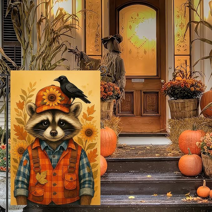 Thanksgiving Fall Garden Flag 12x18 Inch Welcome Raccoon Outdoor Flag Double Sided Autumn Yard Banner with Sunflower Hat and Bird for Porch Lawn Patio Seasonal Decor