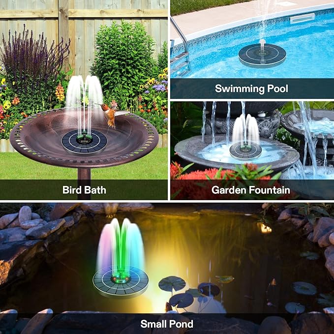 VIVOSUN Solar Fountain, 4W Solar Water Fountain with Upgraded Glass Panel, Built-in Battery, 7 Nozzles, Colored LED Lights, Outdoor Solar Fountain Pump for Bird Bath, Pond, Pool, Fish Tank, Garden