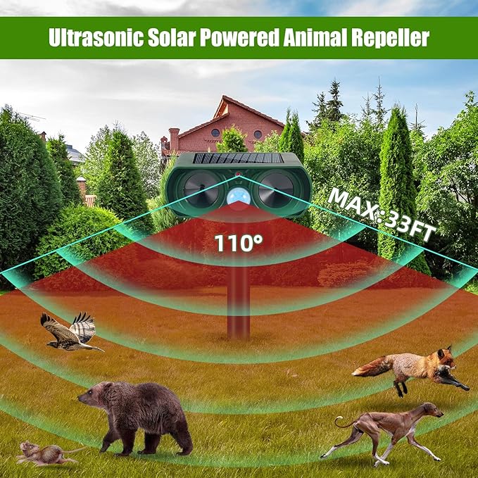 2 Pack Ultrasonic Animal Repeller Outdoor Cat Repellent Solar Deer Repellent Devices Waterproof, Motion Activated Animal Deterrent Devices to Scare Cat Squirrel Rabbit Raccoon Skunk for Yard Garden