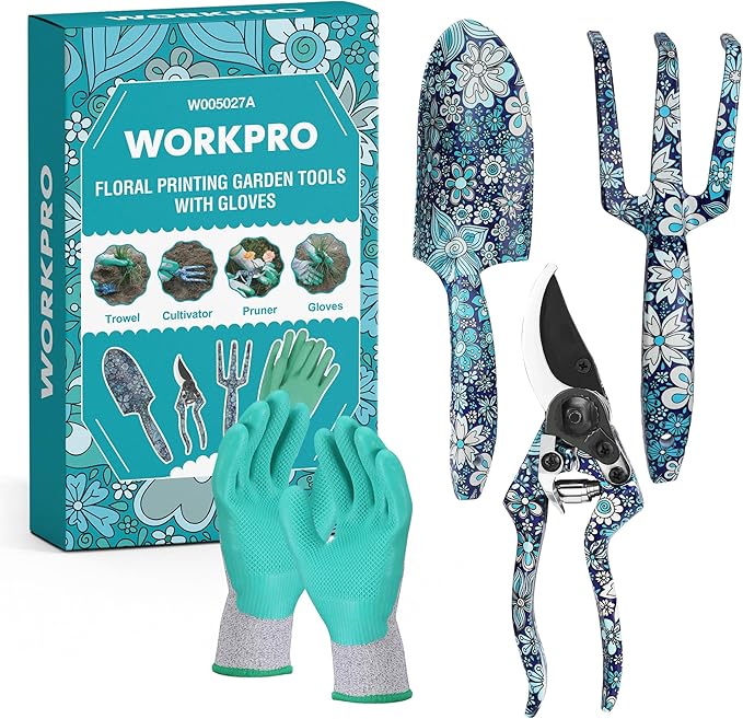 WORKPRO Aluminum Garden Tool Set, 4PCS Heavy Duty Hand Garden Tools with Box Include Trowel, Rake, Pruner, Garden Gloves, Blue Floral, Garden Gifts