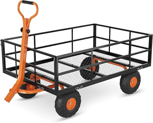 Metal Wagon - 900lbs Garden Cart with 10" Multi-Terrain Tires, 4 Removable Mesh Sides & 180° Swivel Handle, Yard Wagon Cart for Lawn, Yard, Patio Gardening