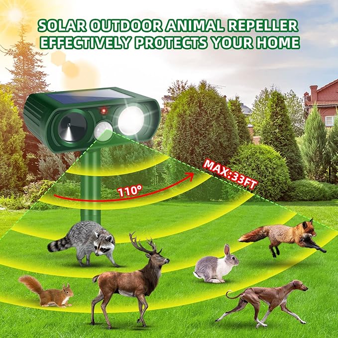 Solar Ultrasonic Animal Repellent Outdoor Deer Repellent Devices with Motion Detection & Flashing Lights,Solar Animal Repeller,Cat Squirrel Raccoon Skunk Rabbit Coyote Deterrent for Yard Garden,4 Pack
