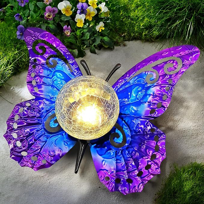 Solar Lights Outdoor Garden Butterfly Decor, Metal Butterfly Statue Decoration with LED Crackle Glass Globe, Solar Powered Lighted Garden Art Decor for Patio Lawn Yard Pathway Tabletop Ground