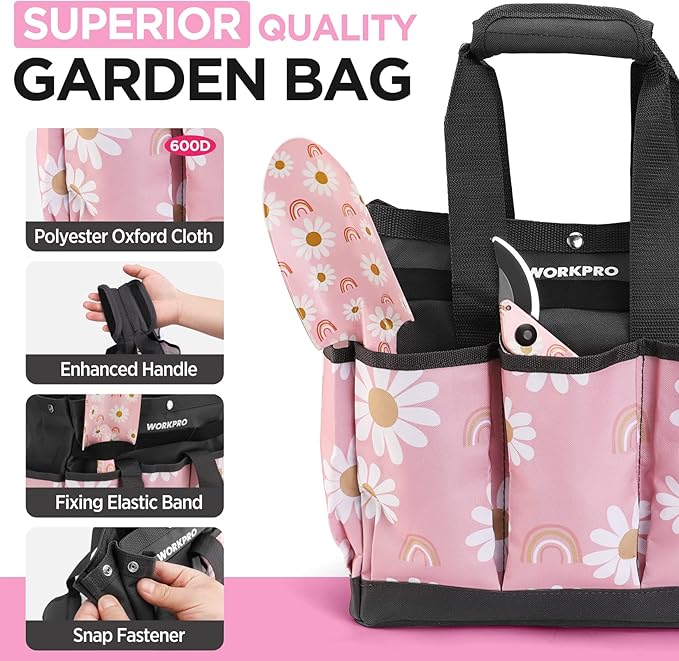 WORKPRO 5PCS Gardening Tools, Aluminum Heavy Duty Garden Tool Set with Bag, Ideal Gardening Gifts for Women-Pink Ribbon