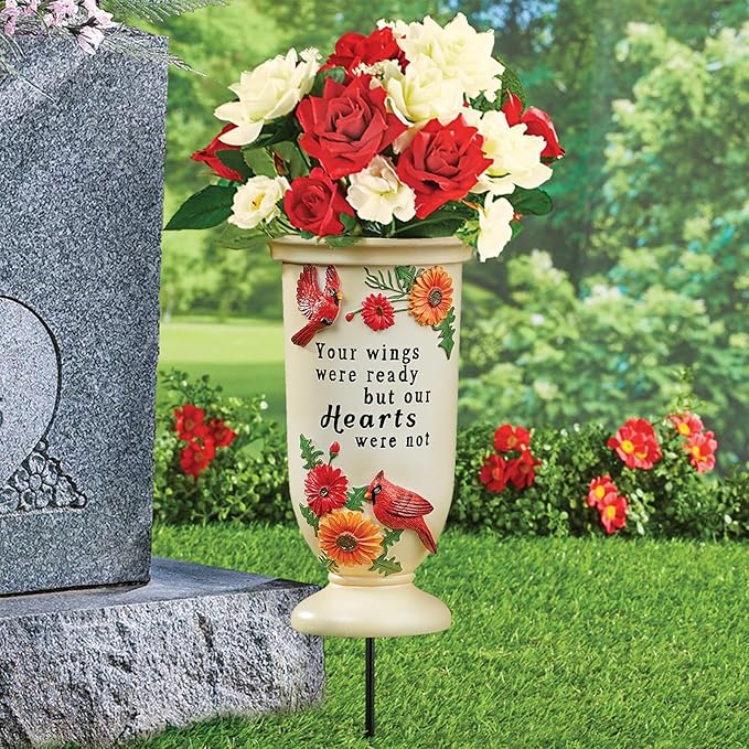 BAYN Grave Decorations for Cemetery, Cardinal Vases with Spikes for Garden Decorations Waterproof Garden Statues Memorial Gifts for Loss of Loved One