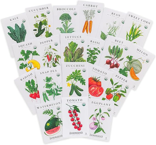Sereniseed Certified Organic Vegetable Seed Collection (20-Pack) – 100% Non GMO, Open Pollinated Varieties