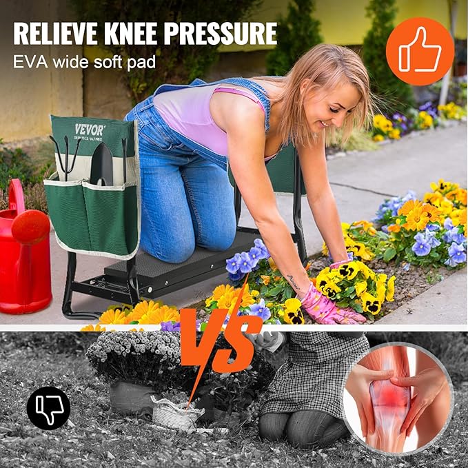 VEVOR Folding Garden Kneeler and Seat Heavy Duty, Widened 8" EVA Foam Pad, Portable Garden Stool with Tool Bags, Gardening Bench to Relieve Knee & Back Pain, Great Gifts for Seniors, Women, Parents