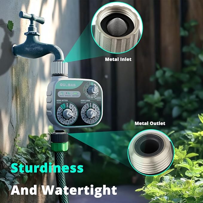 QUOBAS 3-Dial Analog Water Timer, Mechnical Control Automatic Sprinkler Timer with Manual and Rain Delay, for Garden Hose Watering, Drip Irrigation, Self-Watering System, Easy to Set Up