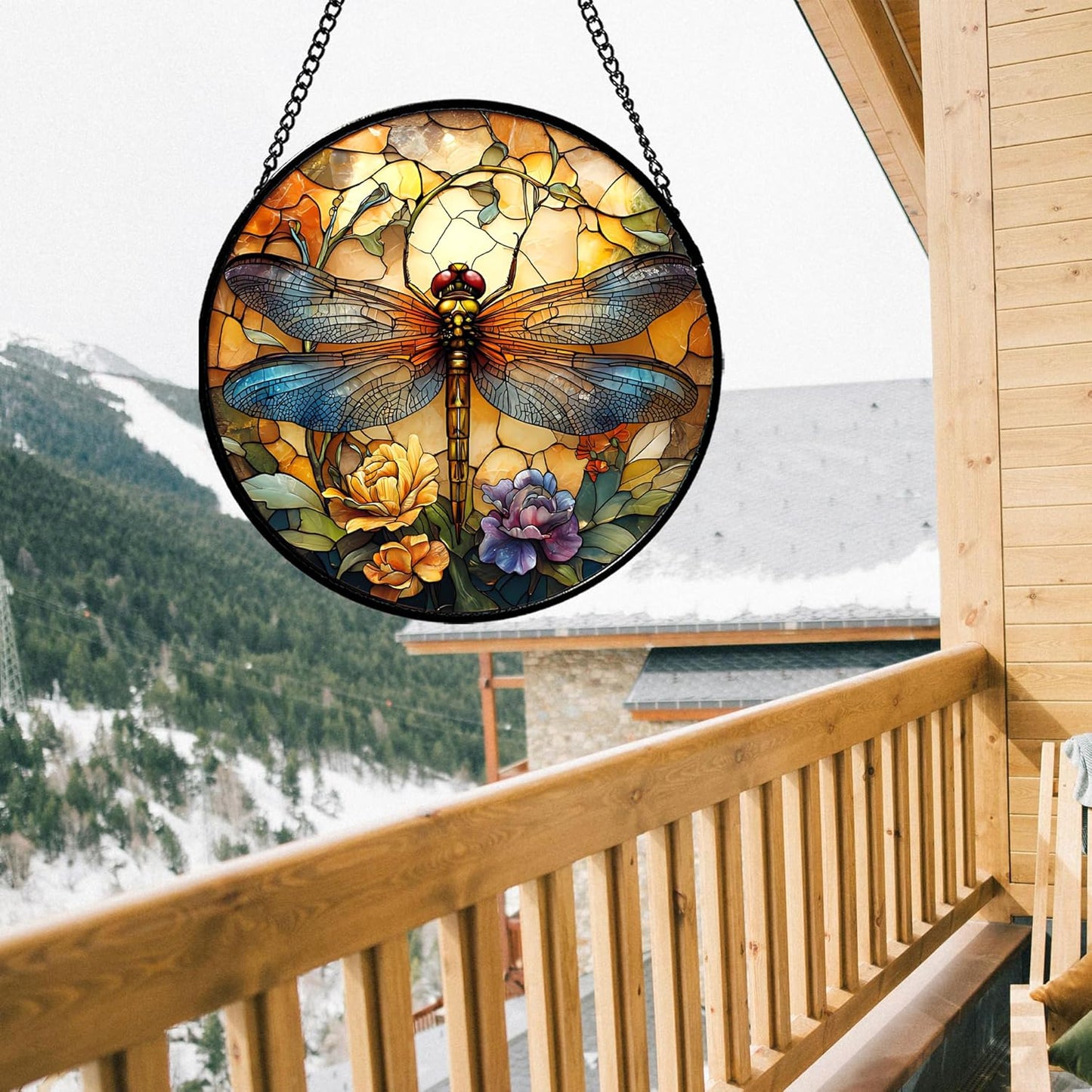 Stained Glass Window Hanging - Orange Blue Dragonfly Flower Suncatcher for Doors Window Home Sun Catchers Decor Christmas Mother's Day Birthday Outdoor Gifts for Women Men Mom Nana 14.9 in